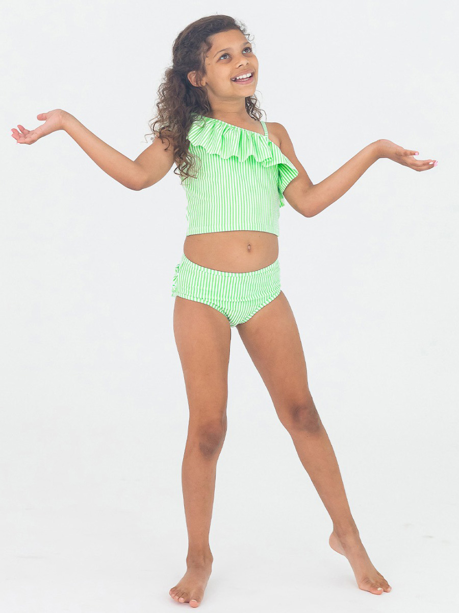 Spring Green Seersucker One Shoulder Ruffle Tankini