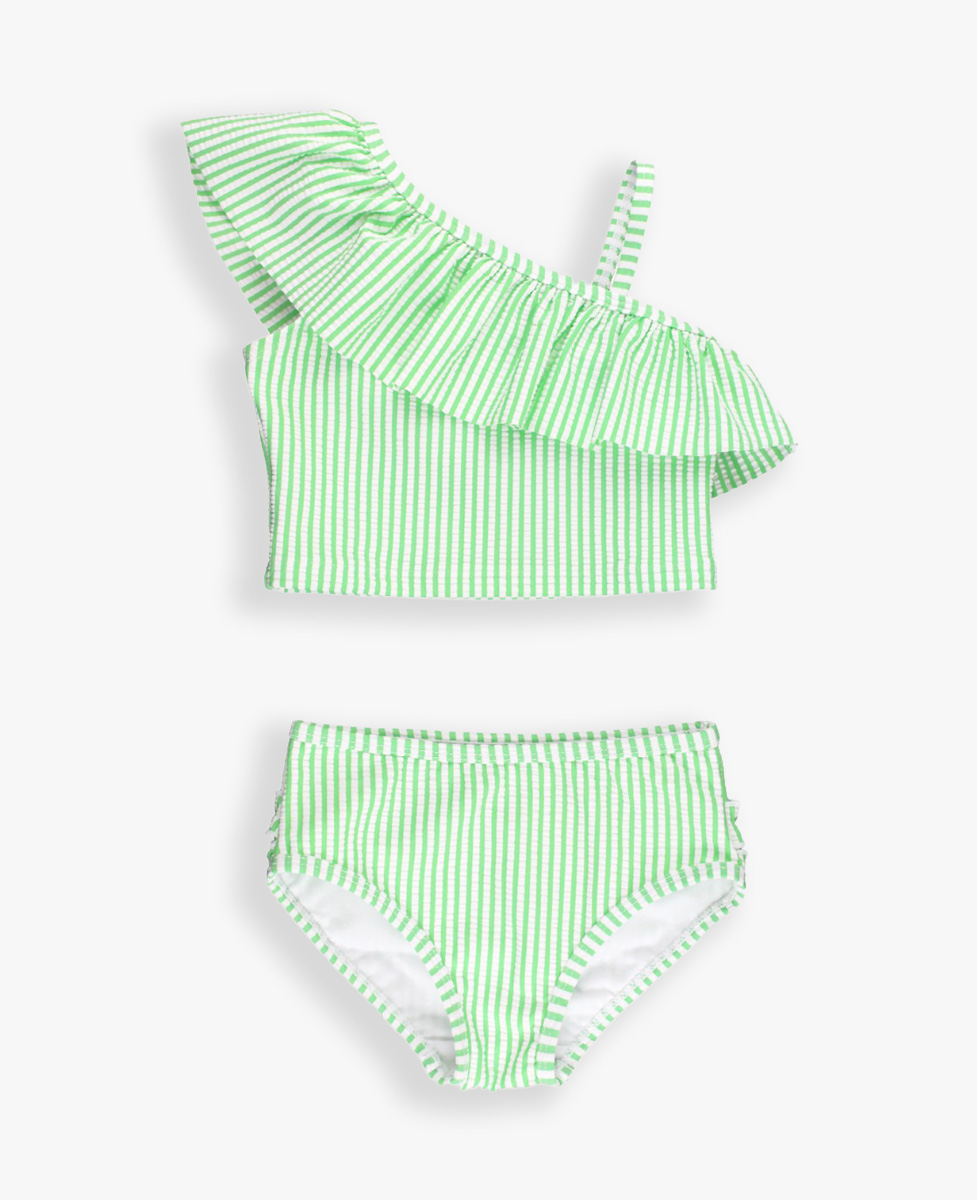 Spring Green Seersucker One Shoulder Ruffle Tankini