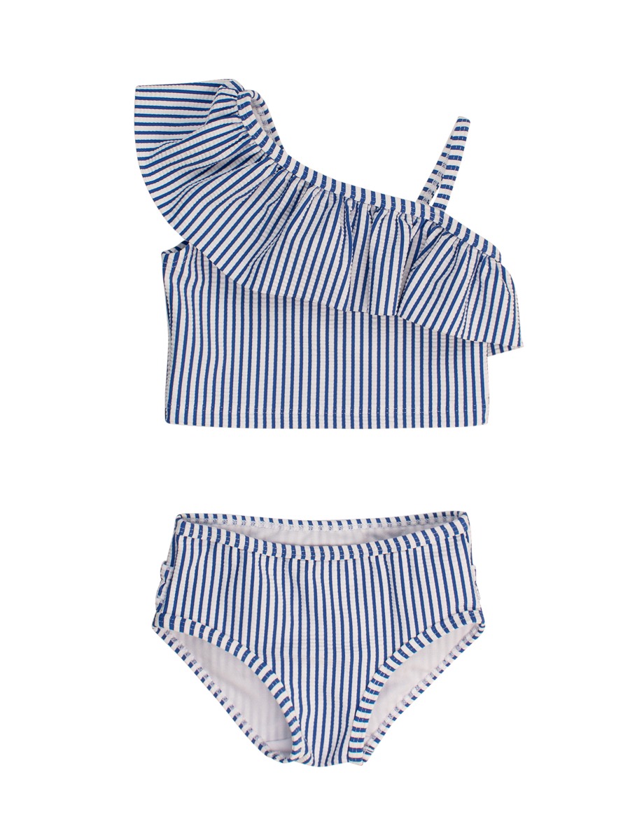 Blue Seersucker One Shoulder Ruffle Tankini 2-Piece Swimsuit, with Signature Rear Ruffles