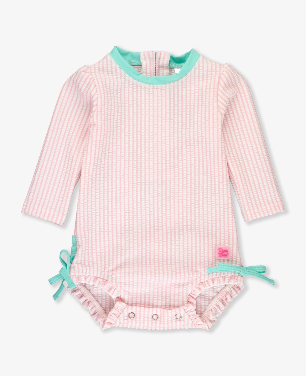 Pink Seersucker Long Sleeve One Piece Rash Guard - 3-6m