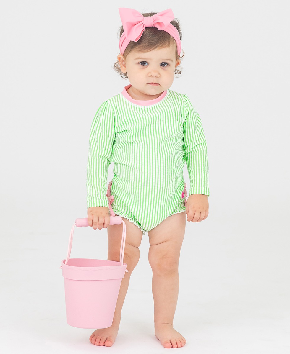 Spring Green Seersucker Long Sleeve One Piece Rash Guard