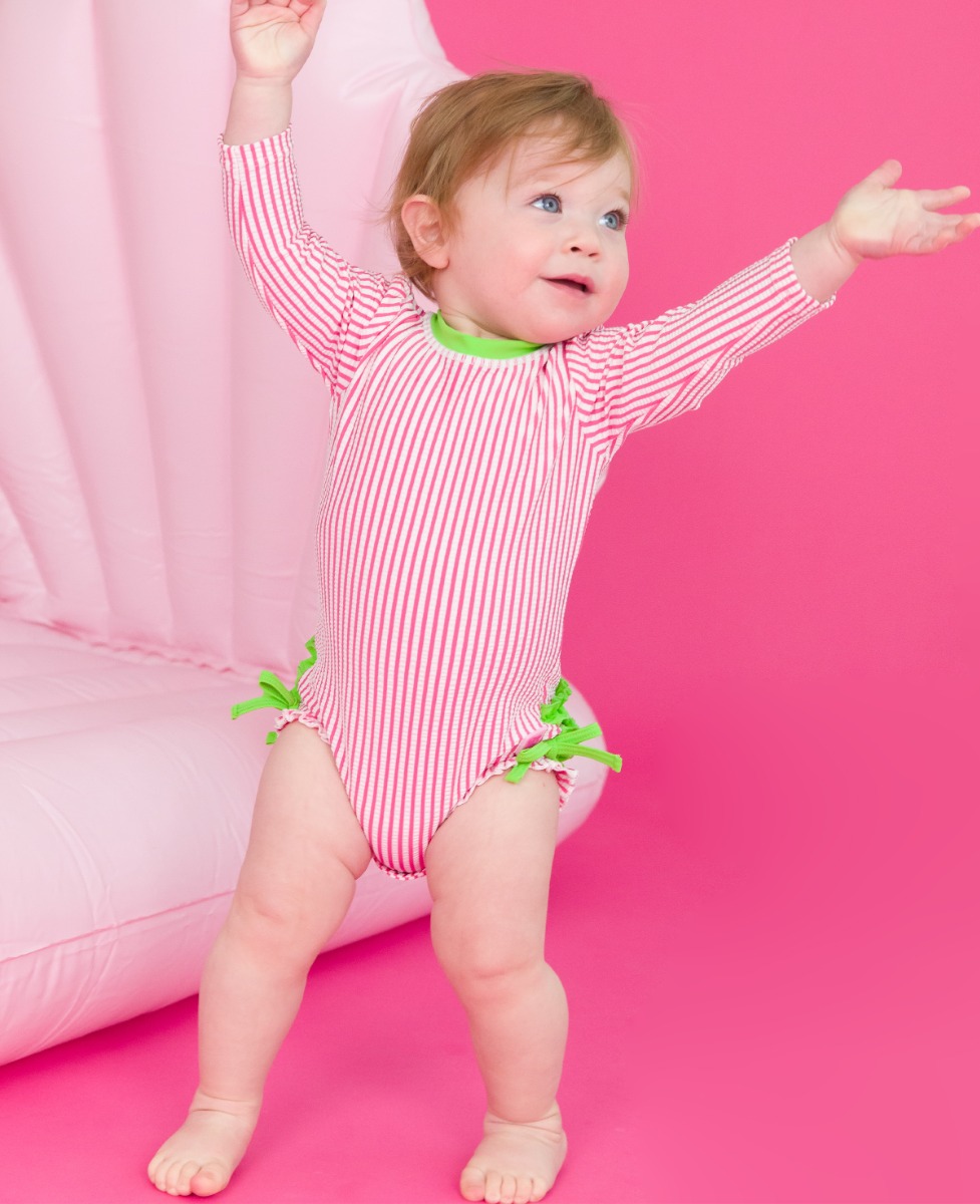Hot Pink Seersucker Long Sleeve One Piece Rash Guard
