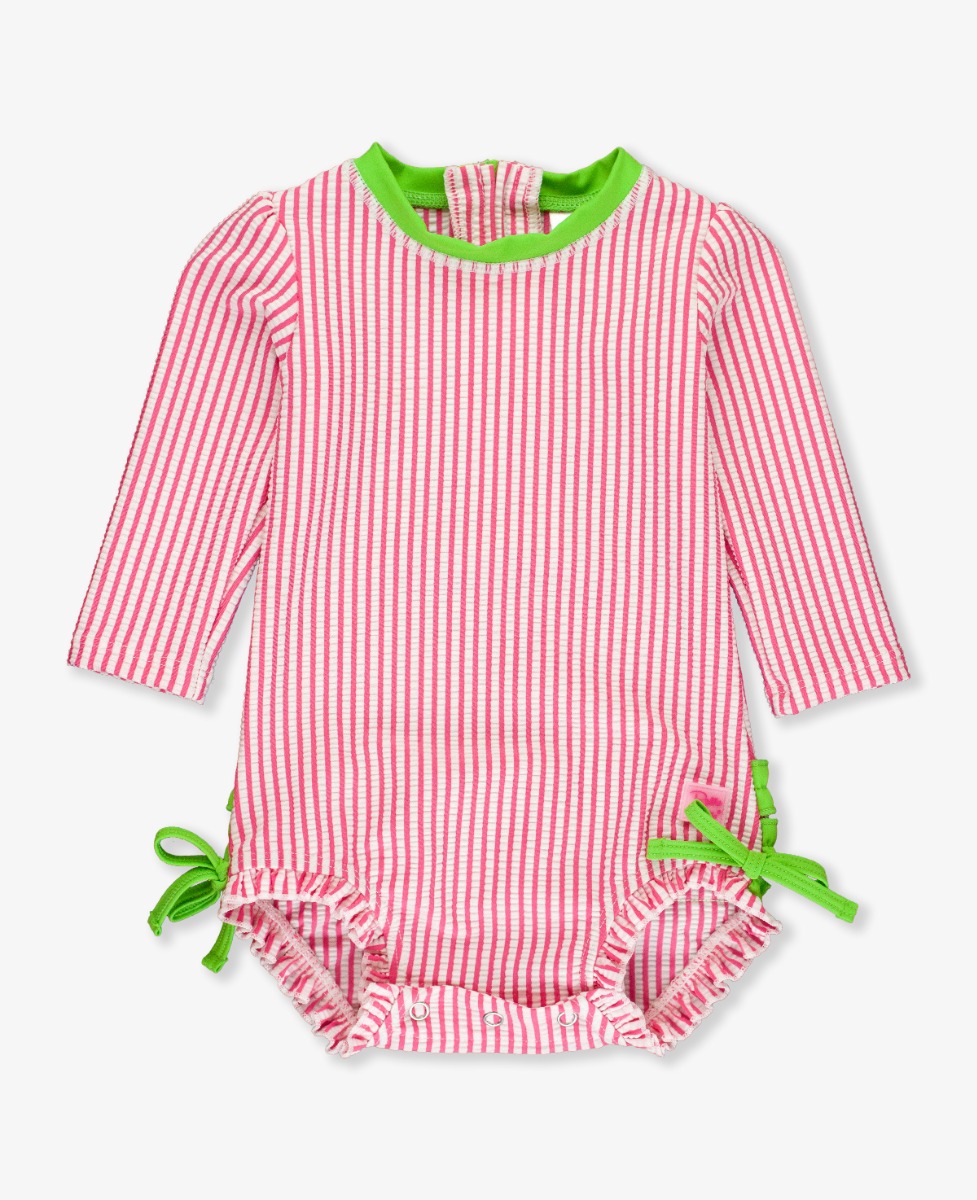 Hot Pink Seersucker Long Sleeve One Piece Rash Guard