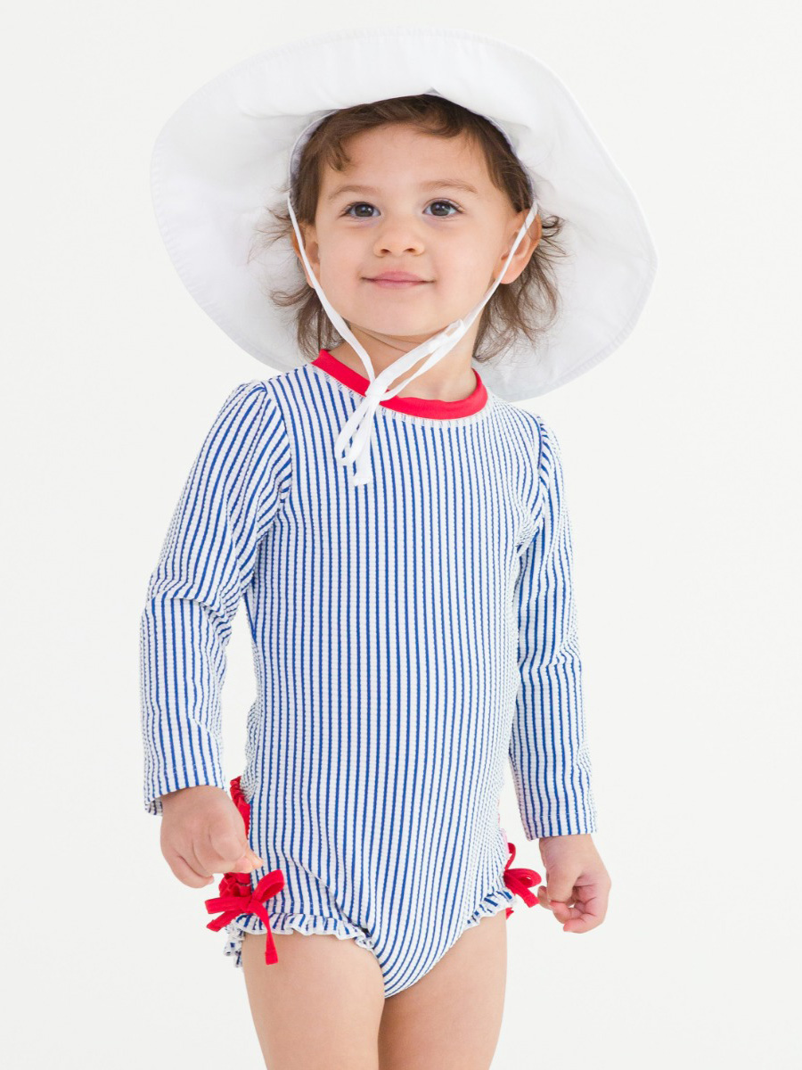 Blue Seersucker Long Sleeve One Piece Rash Guard