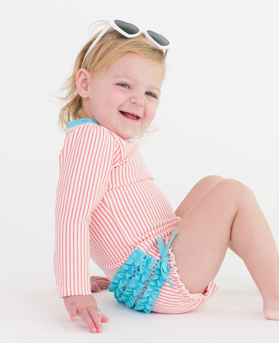 Coral Seersucker Long Sleeve One Piece Rash Guard