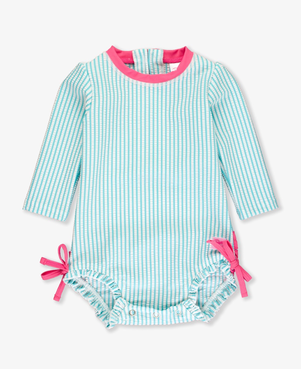 Bright Aqua Seersucker Long Sleeve One Piece Rash Guard