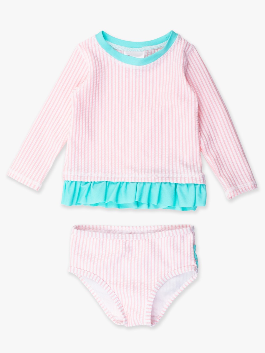 Pink Seersucker Long Sleeve Rash Guard 2-Piece Swimsuit, with Signature Rear Ruffles -  3-6m