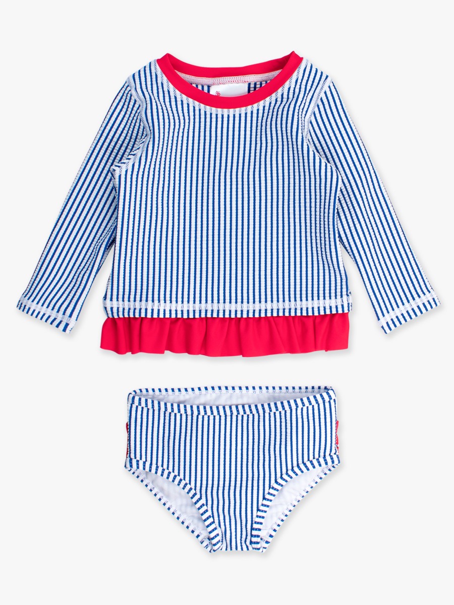 Blue Seersucker Long Sleeve Rash Guard Bikini Swimsuit