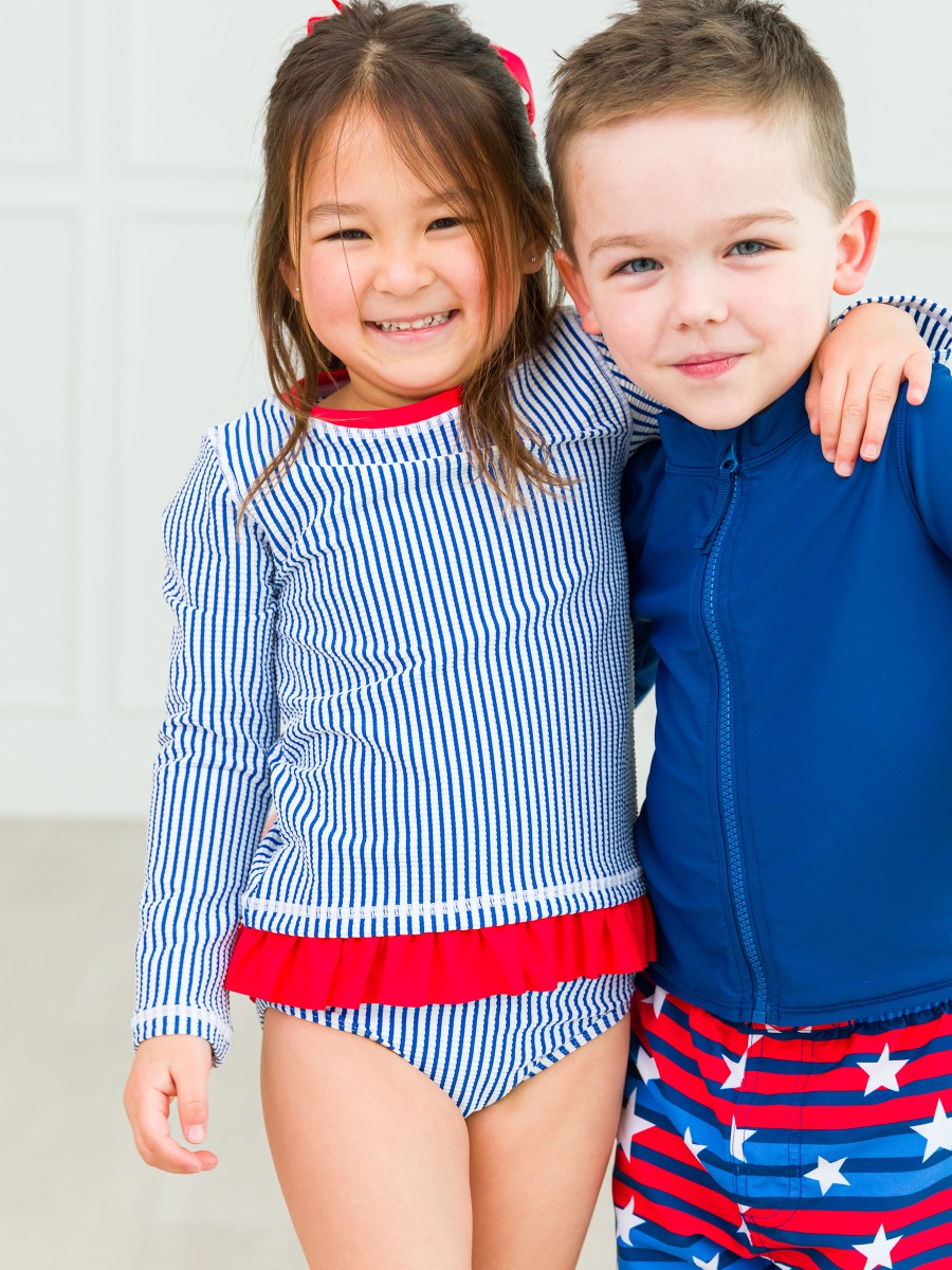 Blue Seersucker Long Sleeve Rash Guard Bikini Swimsuit