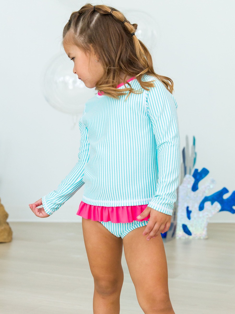 Bright Aqua Seersucker Long Sleeve Rash Guard Bikini