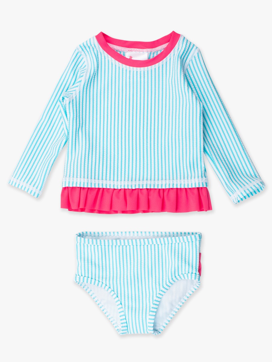 Bright Aqua Seersucker Long Sleeve Rash Guard Bikini