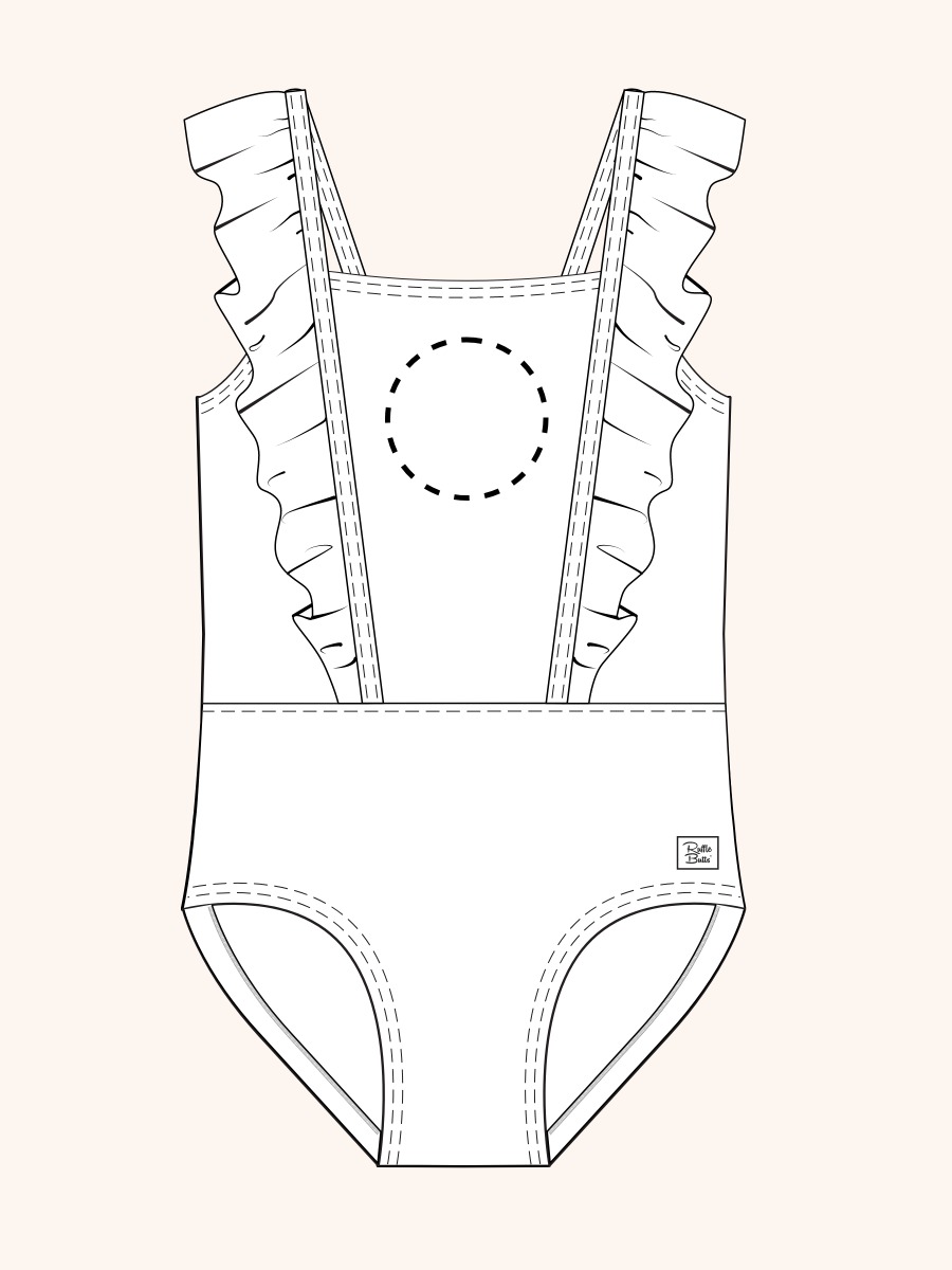 Line drawing of Shimmer Stars & Stripes Pinafore One Piece Swimsuit. A dotted circle indicates the approximate location for personalization.