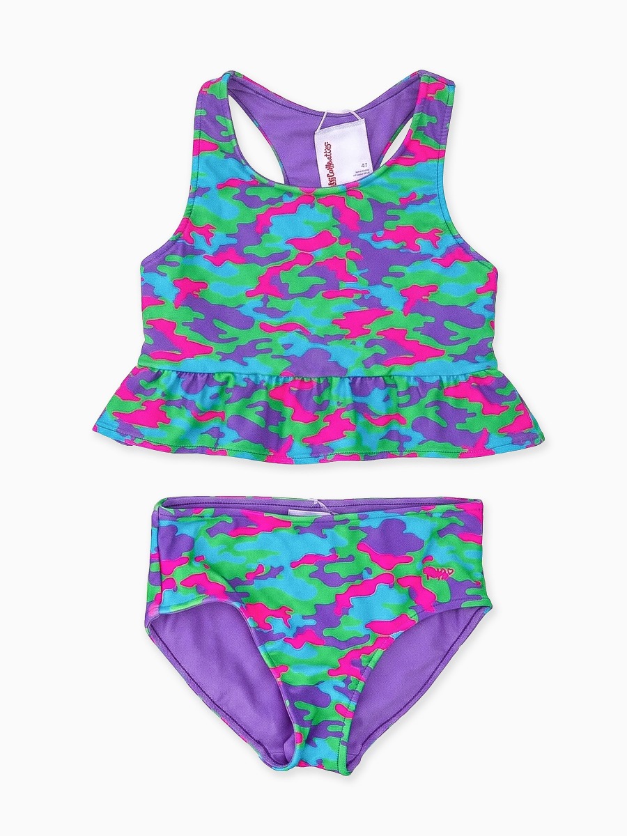 Line drawing of Neon Camo Reversible Peplum Tankini 2-Piece Swimsuit. A dotted circle indicates the approximate location for personalization.