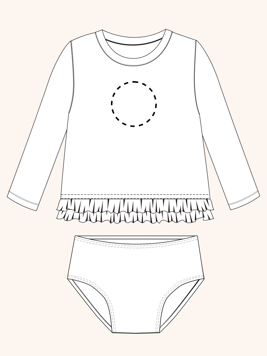 Line drawing of Flamingo Frenzy Ruffle Hem Rash Guard 2-Piece. A dotted circle indicates the approximate location for personalization.