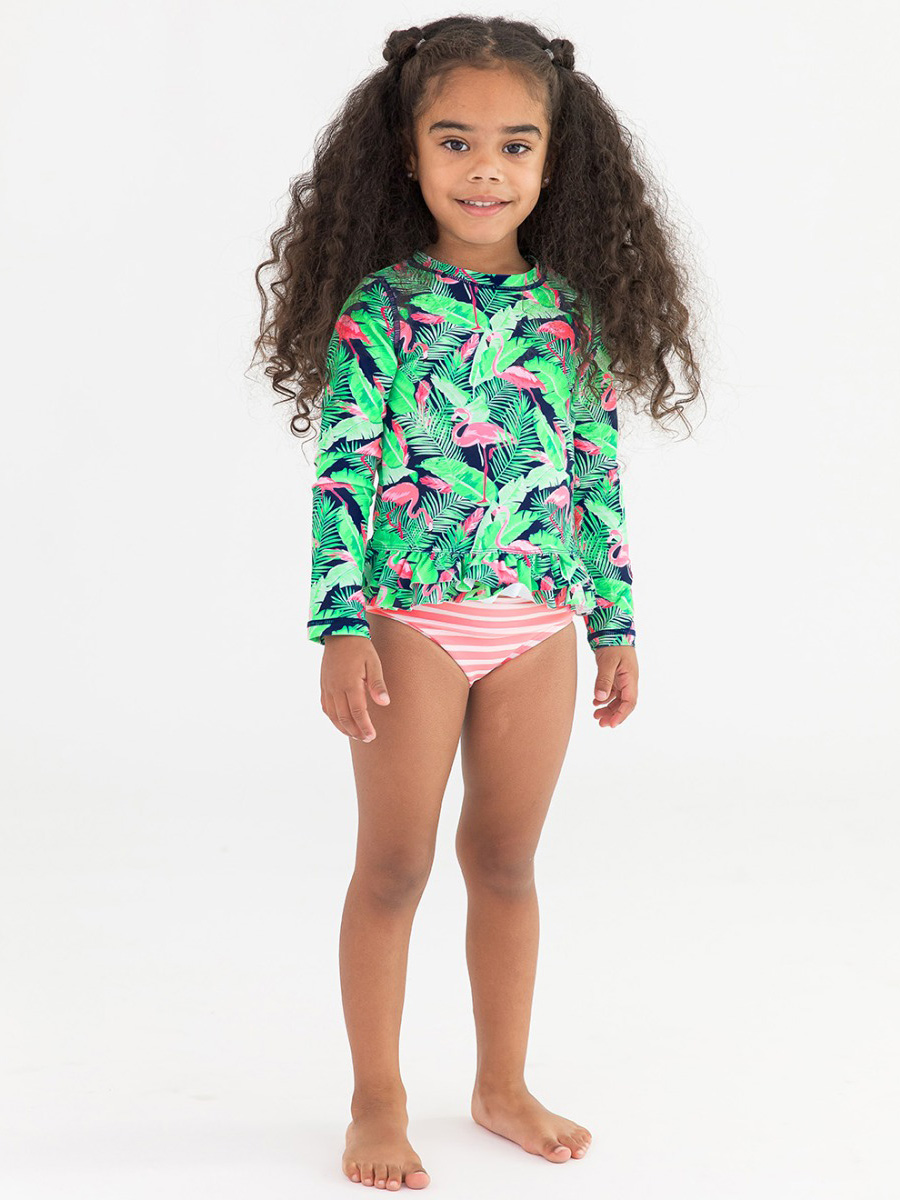 Flamingo Frenzy Ruffle Hem Rash Guard 2-Piece