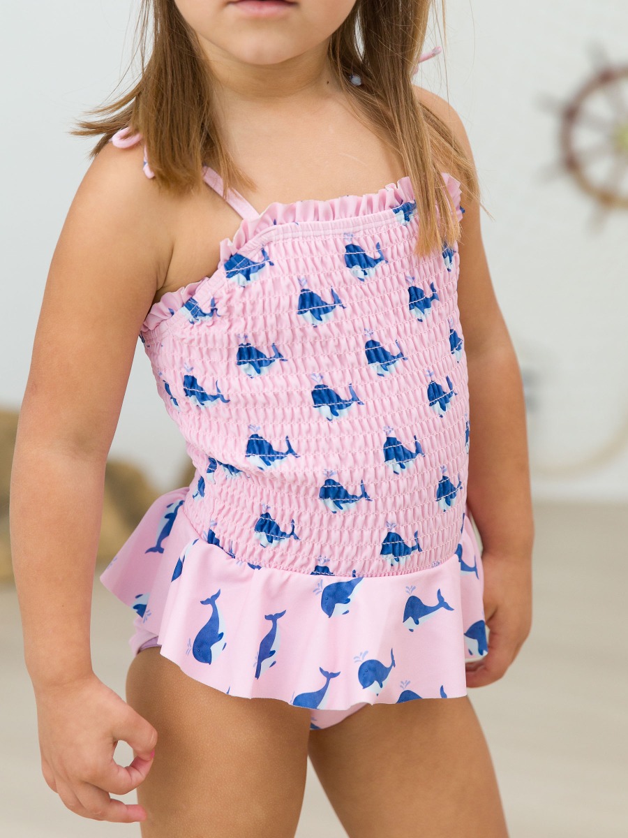 Pink Whale Friends Peplum Smocked Bodice One Piece