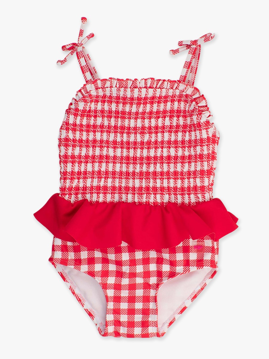 Vintage Red Gingham Peplum Smocked Bodice One Piece Swimsuit