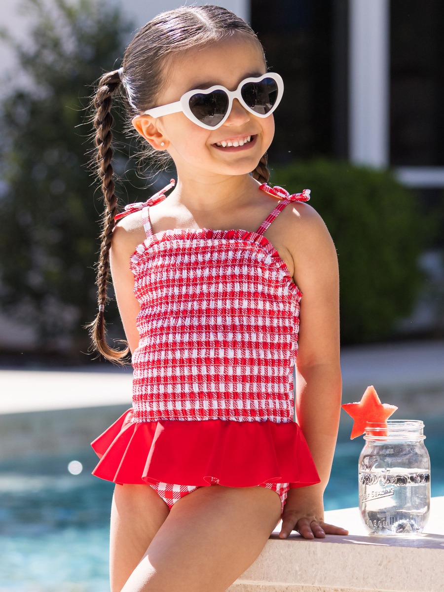 Vintage Red Gingham Peplum Smocked Bodice One Piece Swimsuit