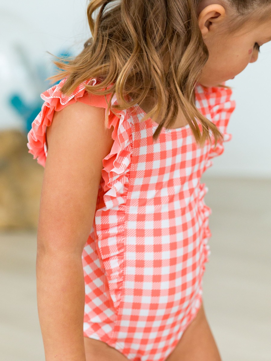 Coral Gingham Waterfall One Piece