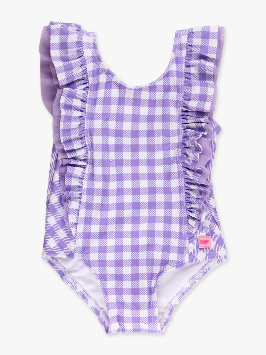 Line drawing of Wisteria Purple Gingham Waterfall One Piece Swimsuit. A dotted circle indicates the approximate location for personalization.
