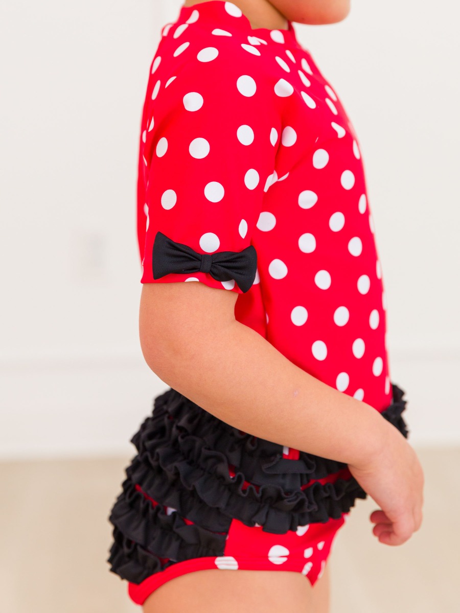 Red Vintage Polka Dot Classic Bow Short Sleeve Rash Guard Bikini