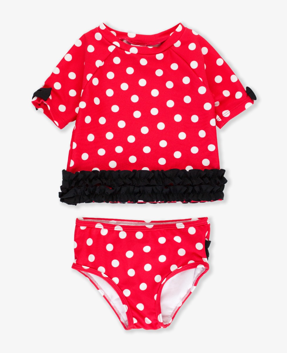 Red Vintage Polka Dot Classic Bow Short Sleeve Rash Guard Bikini