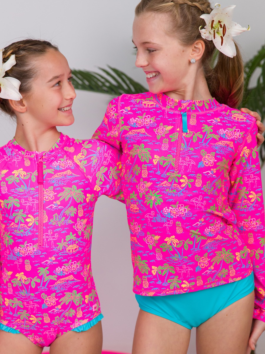 Neon Island Time Girls Long Sleeve Zipper Rash Guard 2-Piece