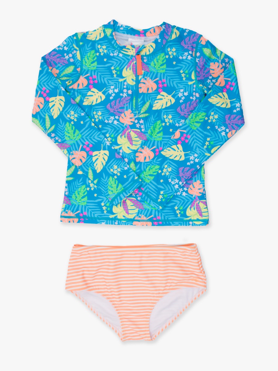 Neon Tiki Vibes Girls Long Sleeve Zipper Rash Guard 2-Piece