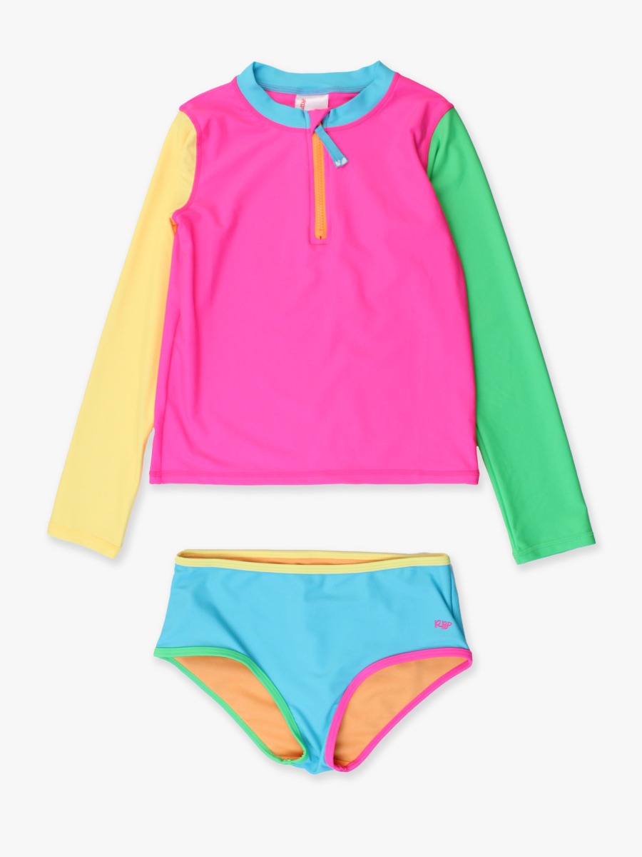 Neon Color Block Long Sleeve Zipper Rash Guard 2-Piece Swimsuit - 10