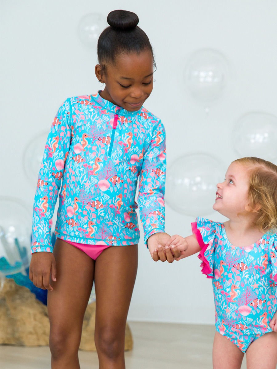Ocean Tides Girls Long Sleeve Zipper Rash Guard 2-Piece