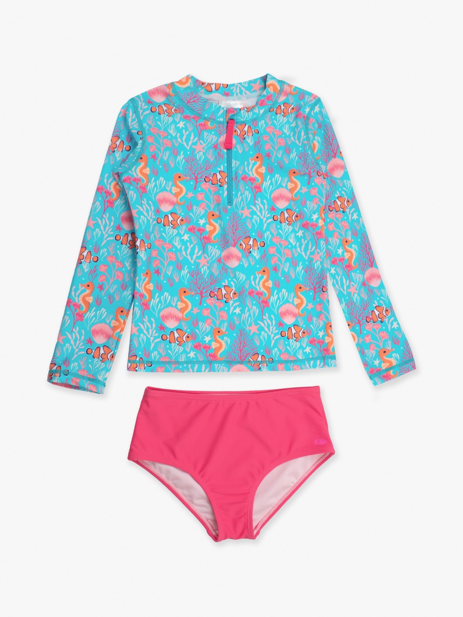Ocean Tides Girls Long Sleeve Zipper Rash Guard 2-Piece