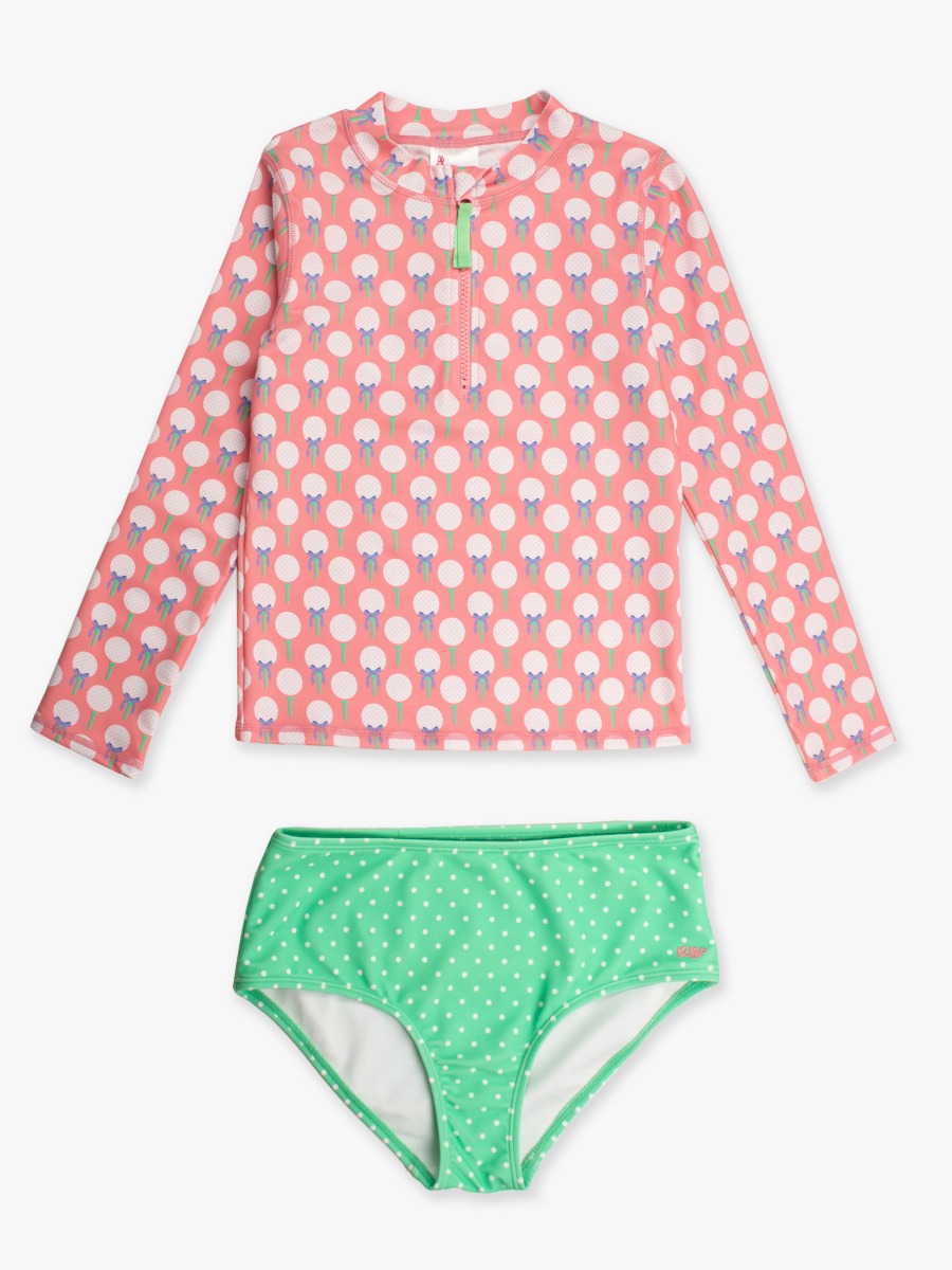 Pink Tee Time Girls Long Sleeve Zipper Rash Guard 2-Piece Swimsuit