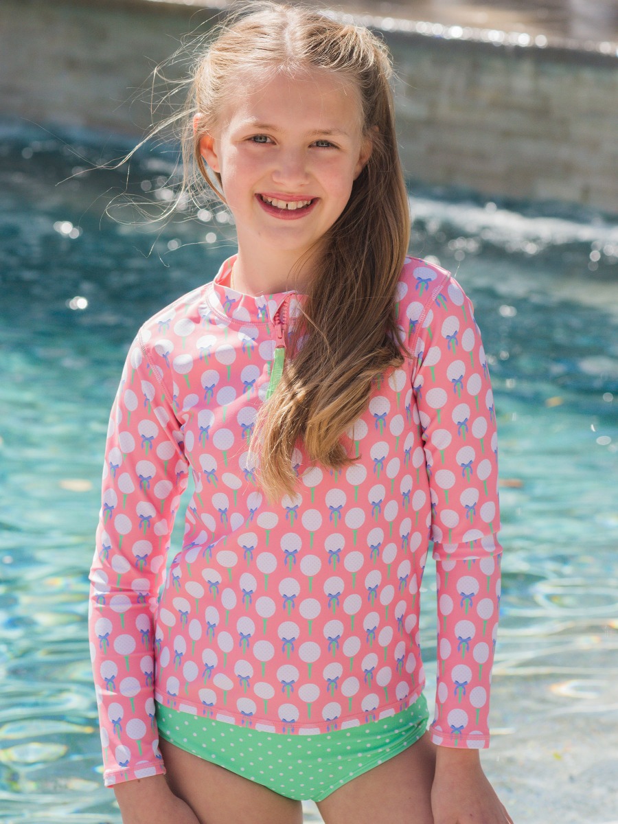 Pink Tee Time Girls Long Sleeve Zipper Rash Guard 2-Piece Swimsuit