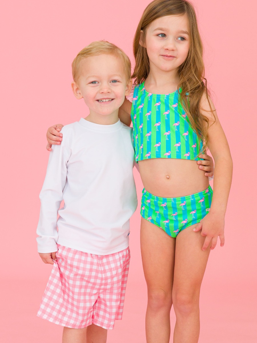 Neon Flamingo Stripe Girls Racerback Flutter Tankini
