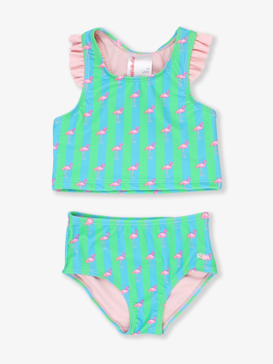 Neon Flamingo Stripe Girls Racerback Flutter Tankini