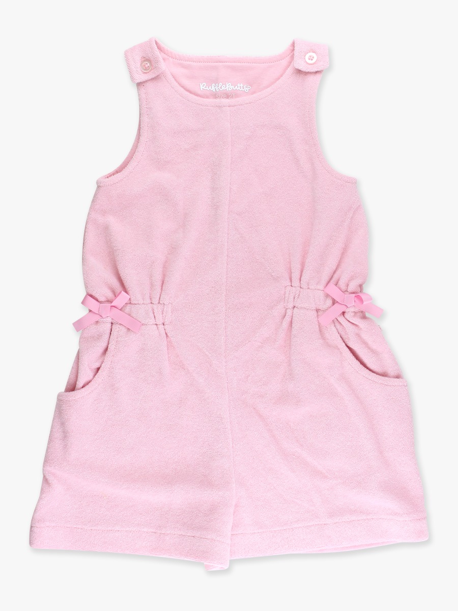 Line drawing of Pink Terry Cover-Up Romper. A dotted circle indicates the approximate location for personalization.