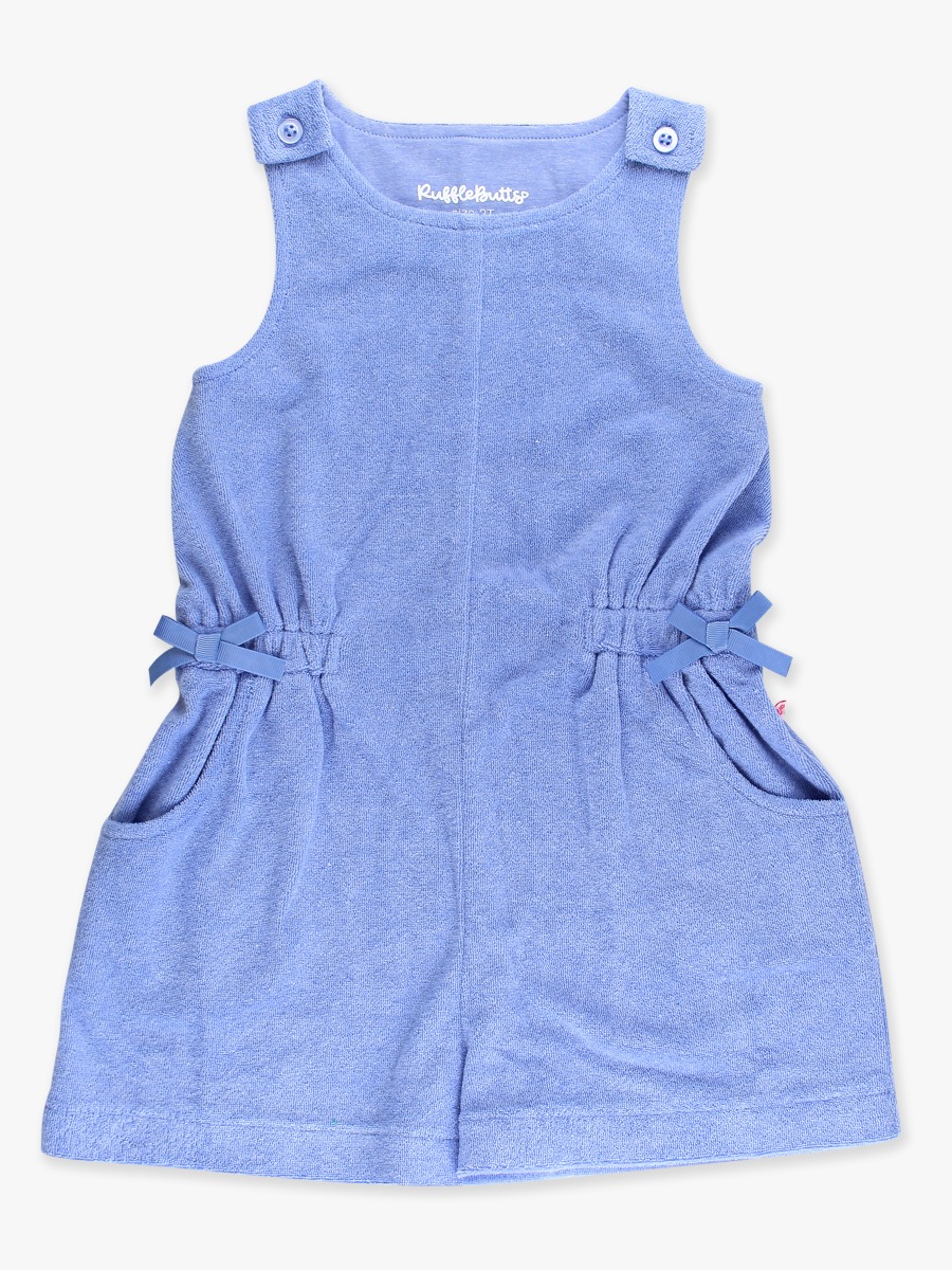 Line drawing of Periwinkle Blue Terry Cover-Up Romper. A dotted circle indicates the approximate location for personalization.