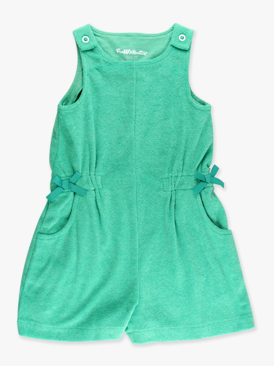 Line drawing of Bright Green Terry Cover-Up Romper. A dotted circle indicates the approximate location for personalization.