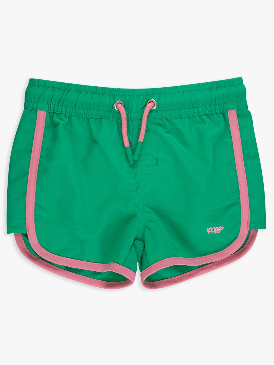 Line drawing of Bright Green Girls Board Shorts. A dotted circle indicates the approximate location for personalization.
