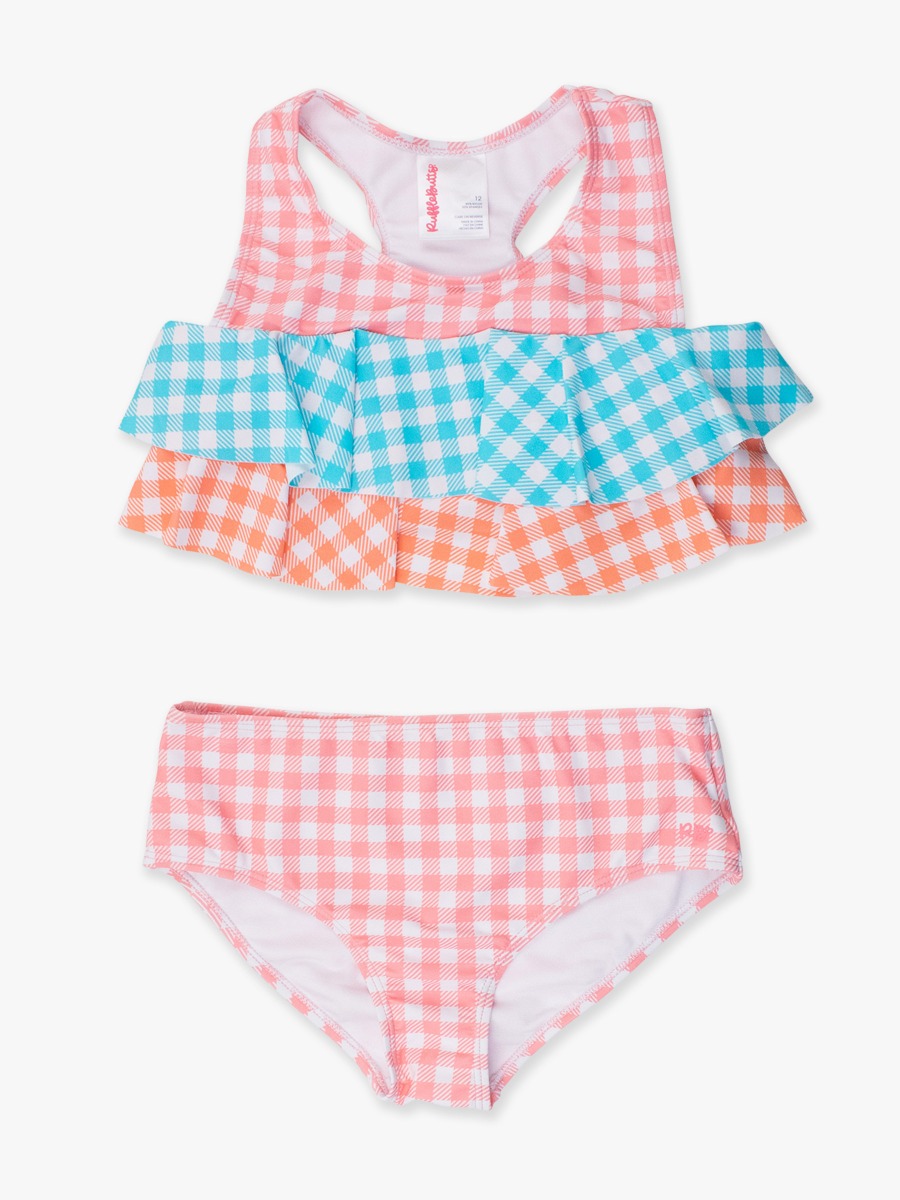 Seaside Gingham Color Block Girls Flounce Bikini