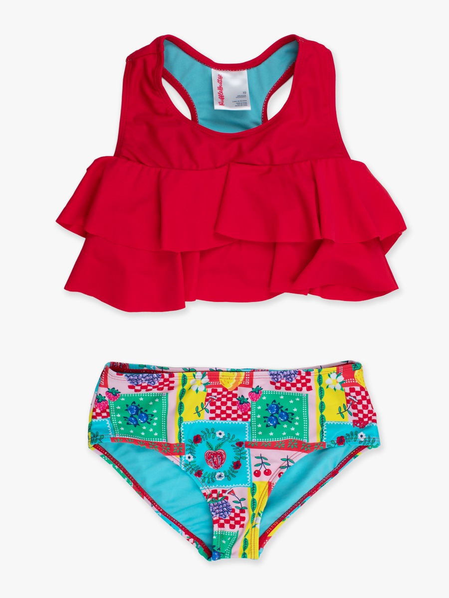 Line drawing of Picnic Party Flounce Bikini 2-Piece Swimsuit. A dotted circle indicates the approximate location for personalization.