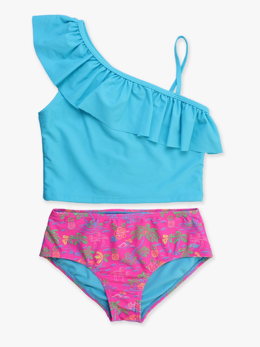 Neon Island Time Girls One Shoulder Ruffle Tankini