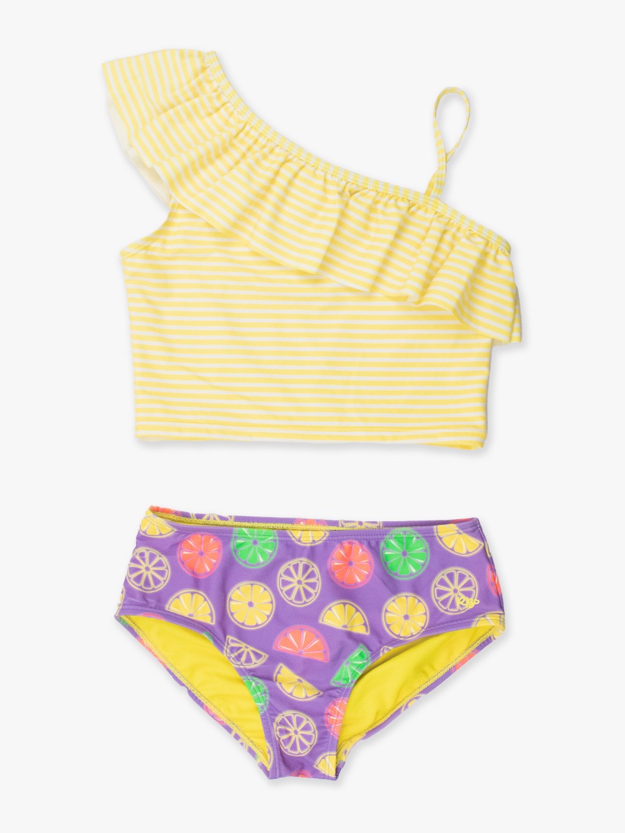 Neon Purple Citrus Girls One Shoulder Ruffle Tankini