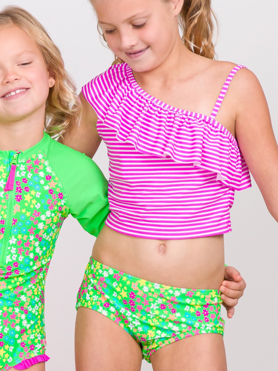 Neon Floral Girls One Shoulder Ruffle Tankini