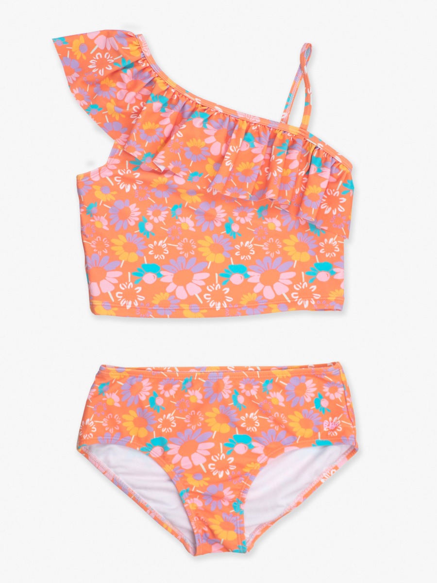 Coral Floral Girls One Shoulder Ruffle Tankini