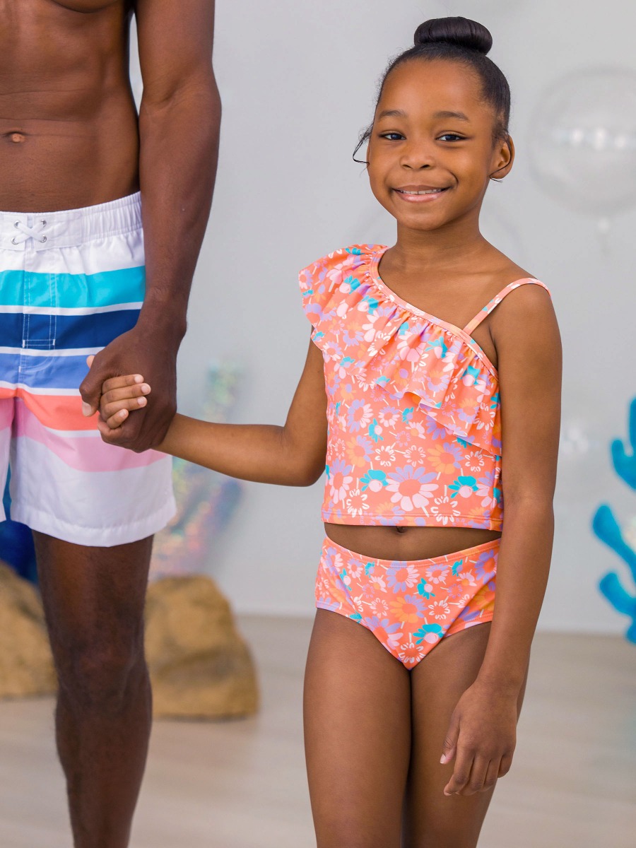 Coral Floral Girls One Shoulder Ruffle Tankini