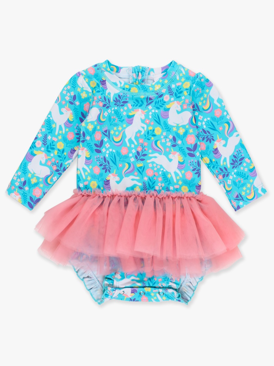 Bright Aqua Unicorn Meadow Tulle Skirted One Piece Rash Guard Swimsuit -  3-6m