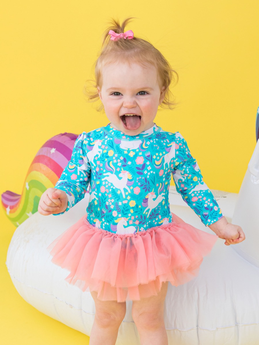 Bright Aqua Unicorn Meadow Tulle Skirted One Piece Rash Guard Swimsuit