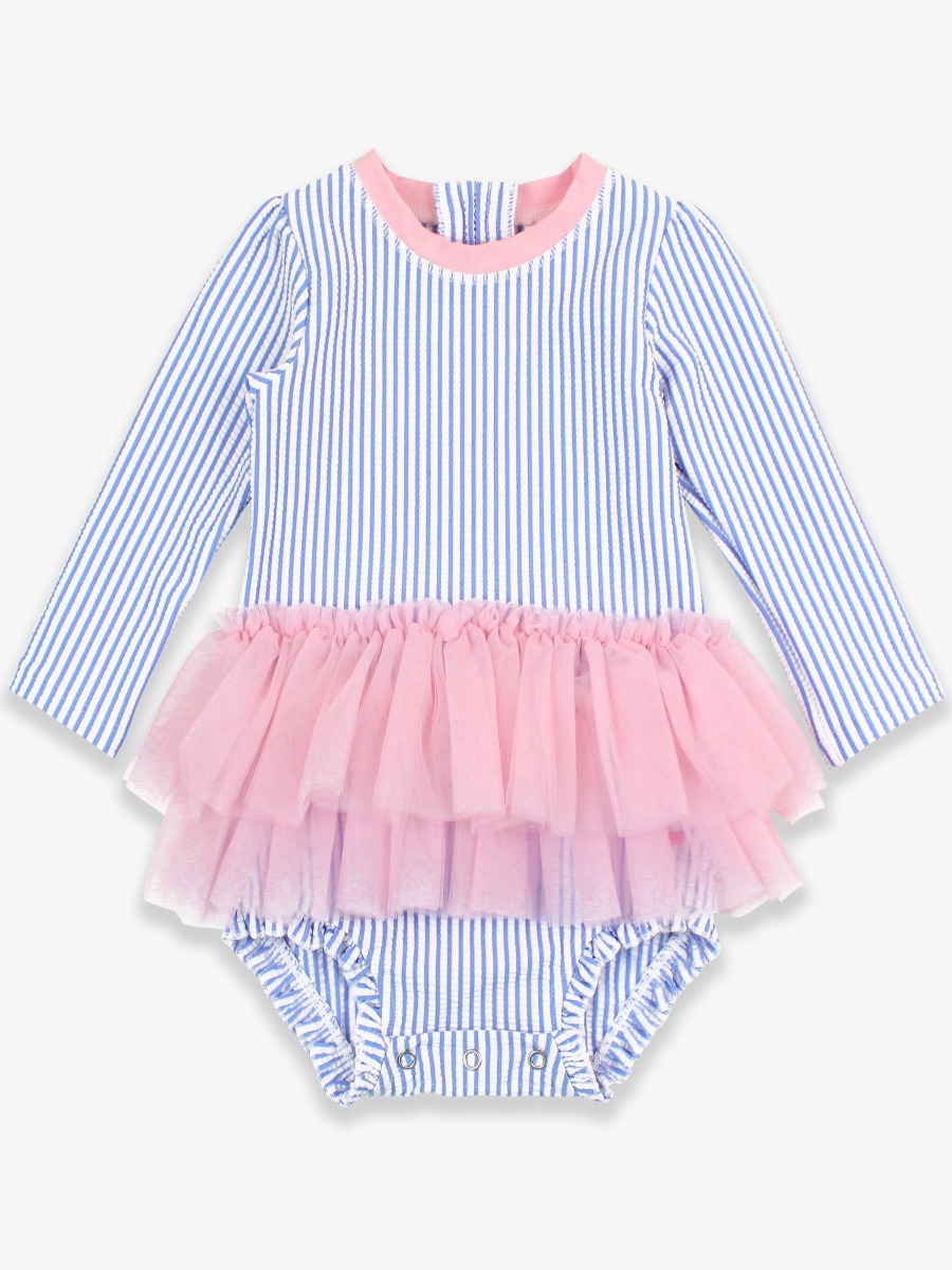Periwinkle Blue Seersucker Tulle Skirted One Piece Rash Guard - 3-6m