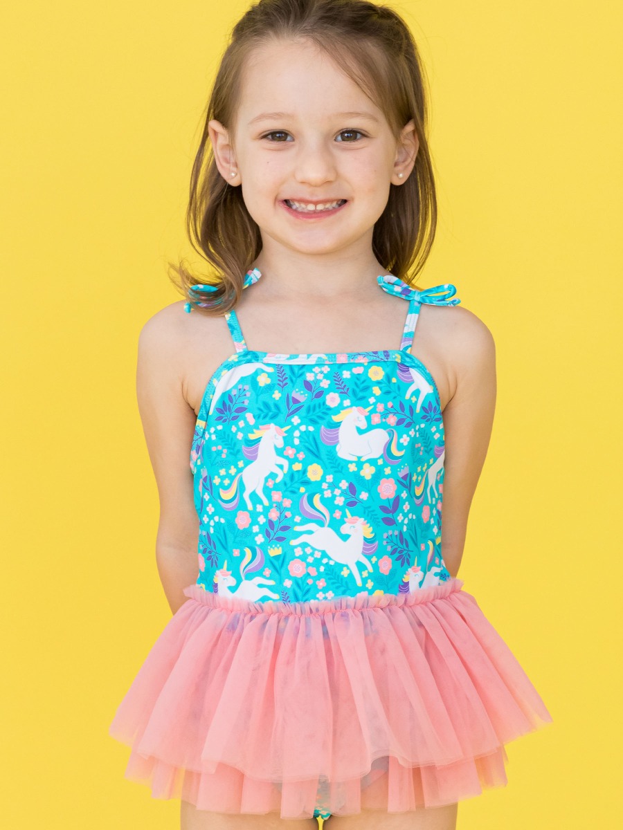 Bright Aqua Unicorn Meadow Tulle Skirted One Piece Swimsuit